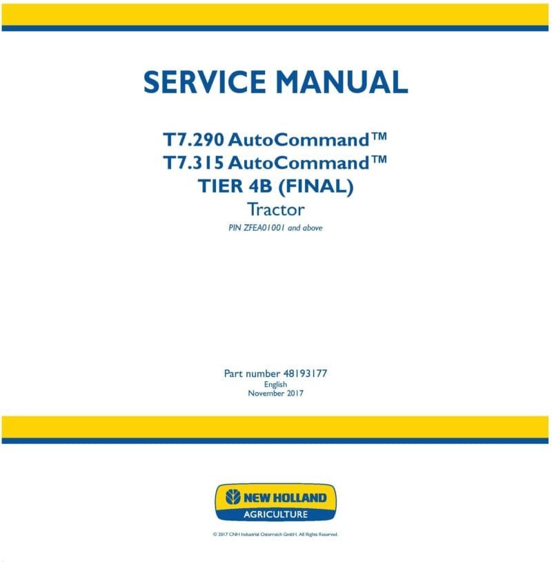 New Holland T7.290 T7.315 Autocommand Tier 4B Final Tractor Service Manual