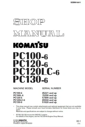 Komatsu Pc100-6, Pc120-6, Pc130-6 Excavator Service Manual